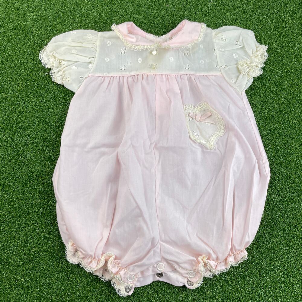 Vintage Alexis Pink Eyelet Lace Trim Bubble Romper Sz 6-9Mos